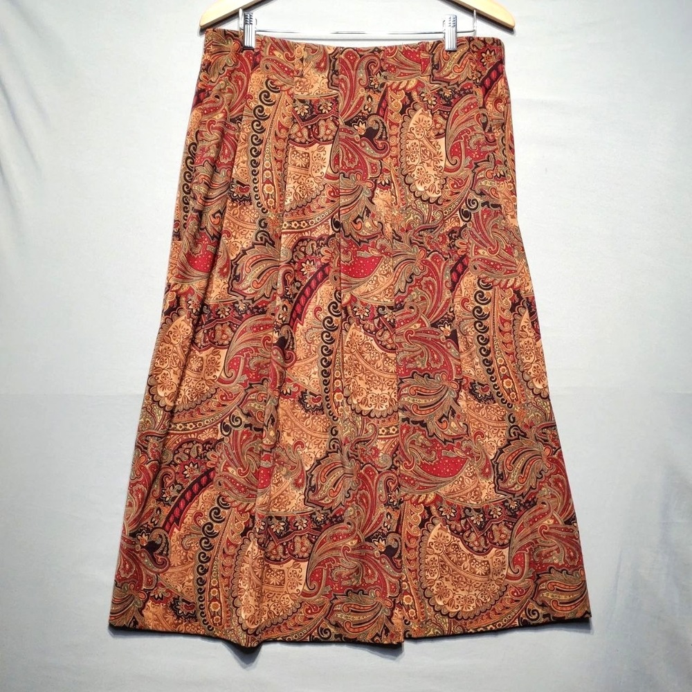 Orvis‎ Paisley A-Line Midi Skirt Womens 16 Brown Red Boho Pockets Cottagecore